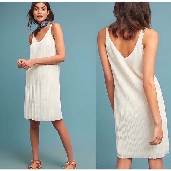 Anthropologie Meadow Rue Prespa Pleated Sleeveless V-Neck Tank Dress Ivory Sz 8 - Picture 1 of 10